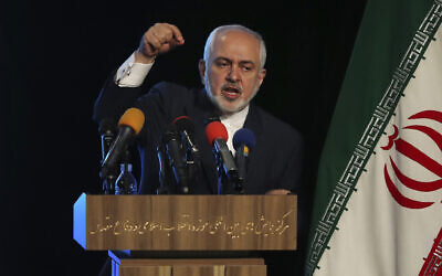 Iran's Foreign Minister Mohammad Javad Zarif addresses a conference in Tehran, Iran, February 23, 2021. (AP Photo/Vahid Salemi)
