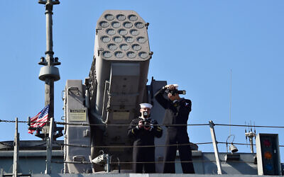 Illustrative: US crew members, standing in front of the RIM-116 Rolling Airframe Missile (RAM) launcher on the deck of the USS Fort Worth (LCS 3) in the southeastern port city of Busan, March 14, 2015. (Jung Yeon-je/AP)