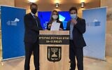 (L-R) New Hope candidates MK Tzvi Hauser, MK Yifat Shasha-Biton and Jerusalem council member Ofer Berkovitch present the party's slate for the March 2021 election to the Central Elections Committee, February 3, 2021. (New Hope)