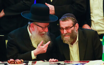 United Torah Judaism party chairman and Health Minister Yaakov Litzman (L) and party member Moshe Gafni attend the party headquarters on election night in Giv'at Shmuel, March 2, 2020. (Roy Alima/ Flash90) United Torah Judaism party chairman and Health Minister Yaakov Litzman (L) and party member Moshe Gafni attend the party headquarters on election night in Giv'at Shmuel, March 2, 2020. (Roy Alima/ Flash90)