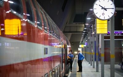 Illustrative. A train at the Yitzhak Navon train station in Jerusalem, on May 11, 2020. (Olivier Fitoussi/Flash90/File)