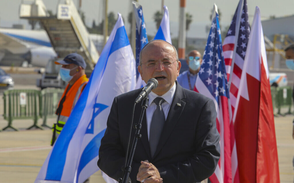 Israeli National Security Adviser Meir Ben-Shabbat during a ceremony at Ben Gurion Airport prior to visiting Bahrain to sign a series of bilateral agreements between Jerusalem and Manama, October 18, 2020. (Marc Israel Sellem/POOL via FLASH90) Israeli National Security Adviser Meir Ben-Shabbat during a ceremony at Ben Gurion Airport prior to visiting Bahrain to sign a series of bilateral agreements between Jerusalem and Manama, October 18, 2020. (Marc Israel Sellem/POOL via FLASH90)