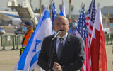 Israeli National Security Adviser Meir Ben-Shabbat during a ceremony at Ben Gurion Airport prior to visiting Bahrain to sign a series of bilateral agreements between Jerusalem and Manama, October 18, 2020. (Marc Israel Sellem/POOL via FLASH90)