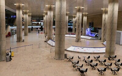 The empty arrival hall at the Ben Gurion International Airport near Tel Aviv on February 3, 2021. (Tomer Neuberg/Flash90)