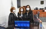 Prosecutor Liat Ben-Ari (left) with colleagues at the trial of Prime Minister Benjamin Netanyahu at the District Court in Jerusalem, February 8, 2021. (Reuven Kastro/POOL)