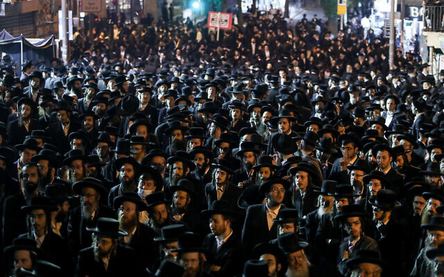 Ultra-Orthodox Jewish men attend a rally against the coronavirus restrictions and enforcement, in Jerusalem's Mea Shearim neighborhood, February 9, 2021. (Noam Revkin Fenton/Flash90) Ultra-Orthodox Jewish men attend a rally against the coronavirus restrictions and enforcement, in Jerusalem's Mea Shearim neighborhood, February 9, 2021. (Noam Revkin Fenton/Flash90)