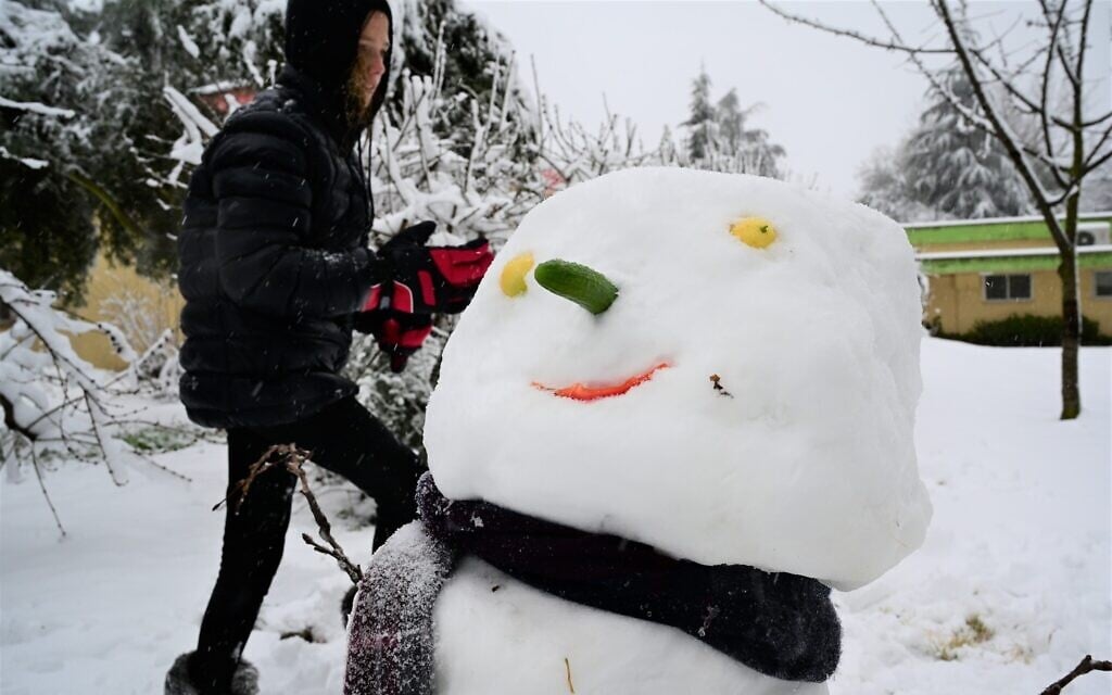 A snowman in the Golan Heights, northern Israel, February 18, 2021 (Michael Giladi/ Flash 90)