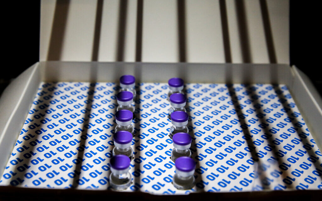 Vials of coronavirus vaccines at a Clalit vaccination center in the northern city of Safed on February 22, 2021. (David Cohen/Flash90) Vials of coronavirus vaccines at a Clalit vaccination center in the northern city of Safed on February 22, 2021. (David Cohen/Flash90)