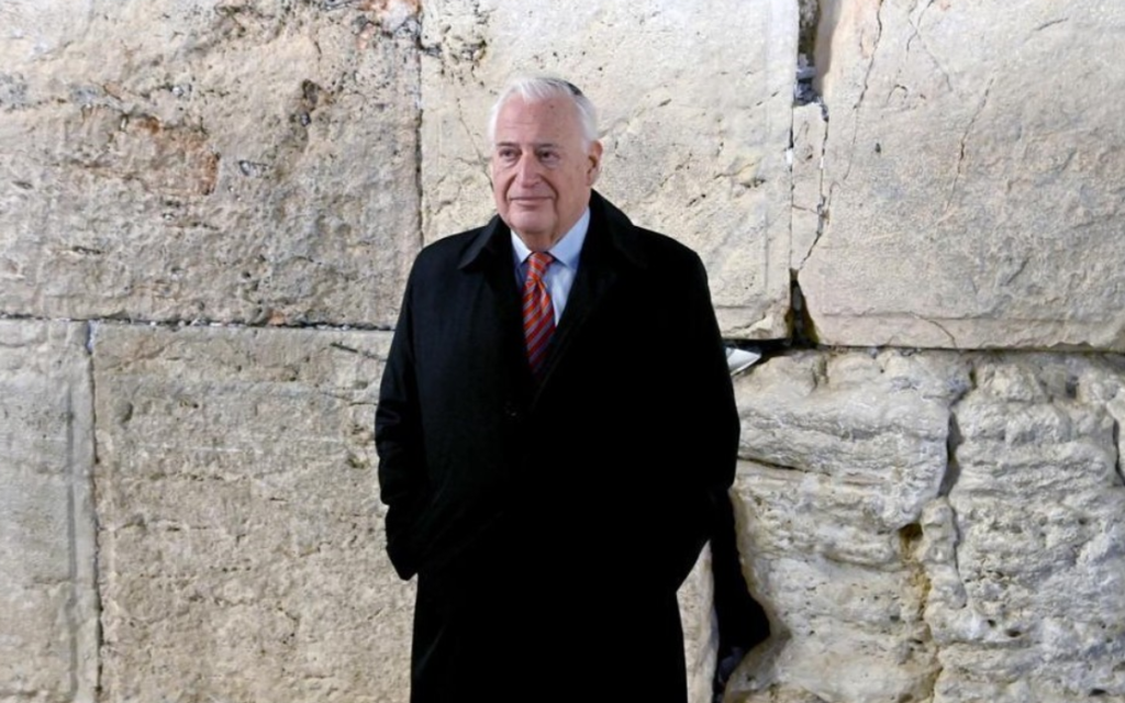Then-US Ambassador to Israel David Friedman visits the Western Wall on the final day of his tenure, in the Old City of Jerusalem, January 20, 2021 (Courtesy) Then-US Ambassador to Israel David Friedman visits the Western Wall on the final day of his tenure, in the Old City of Jerusalem, January 20, 2021 (Courtesy)