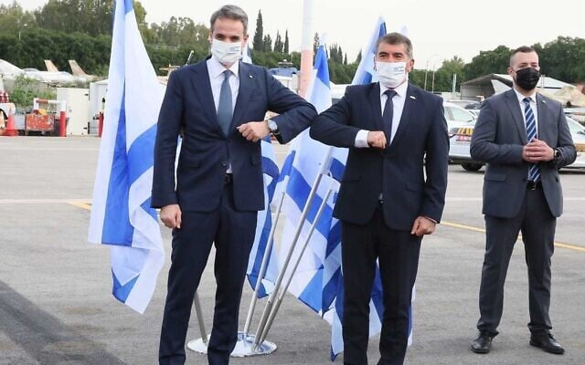 Greek Prime Minister Kyriakos Mitsotakis meets with Foreign Minister Gabi Ashkenazi in Israel on February 8, 2021. (Miri Shimonovitz/Courtesy) Greek Prime Minister Kyriakos Mitsotakis meets with Foreign Minister Gabi Ashkenazi in Israel on February 8, 2021. (Miri Shimonovitz/Courtesy)