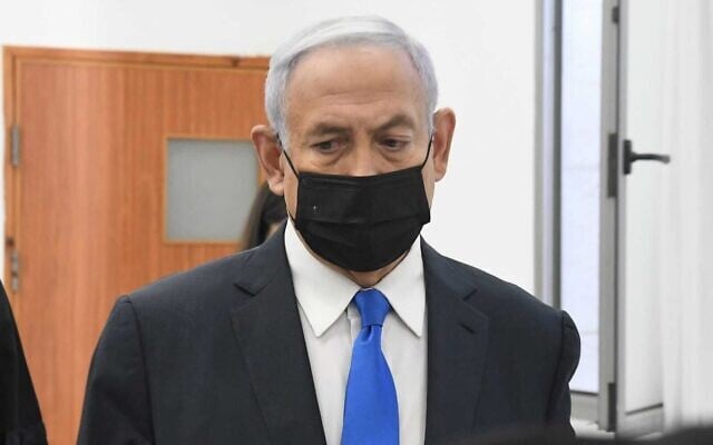 Prime Minister Benjamin Netanyahu at his corruption trial hearing at the Jerusalem District Court, February 8, 2021. (Reuven Castro/Pool) Prime Minister Benjamin Netanyahu at his corruption trial hearing at the Jerusalem District Court, February 8, 2021. (Reuven Castro/Pool)