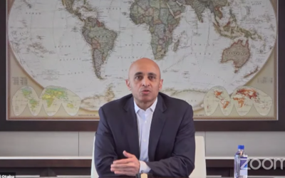 UAE Ambassador to the US Yousef al-Otaiba speaks on a Zoom panel organized by the Washington Institute for Near East Policy on February 1, 2021. (Screen capture/YouTube)