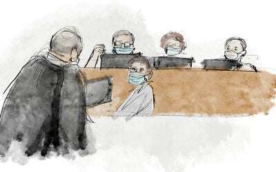 An illustration of then-prime minister Benjamin Netanyahu (L) facing Jerusalem District Court judges in his corruption trial, February 8, 2021. (Biana Zakutnik)
