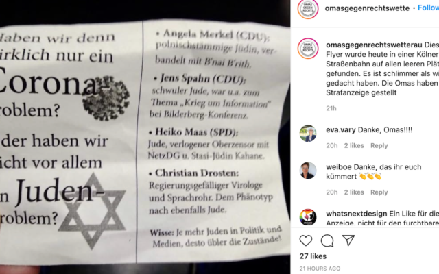 A post with a photo of an anti-Semitic flyer found on a tram in Cologne, Germany, blaming Jews for the COVID-19 pandemic, February 10, 2021. (Grandmothers Against The Right/Instagram via JTA)