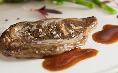 A rib-eye steak produced from meat cells cultivated in a laboratory by Israeli startup Aleph Farms. (Courtesy: Aleph Farms)