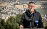 Gideon Sa'ar, head of the New Hope party makes a statement at the Armon Hanatziv Promenade, overlooking the Old City of Jerusalem, February 23, 2021. (Yonatan Sindel/Flash90)