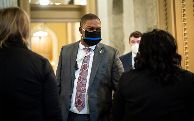 Capitol Hill Police Officer Eugene Goodman after the fourth day of the Senate impeachment trial of former president Donald Trump on Capitol Hill in Washington, Feb 12, 2021. (Jabin Botsford/The Washington Post via AP, Pool) Capitol Hill Police Officer Eugene Goodman after the fourth day of the Senate impeachment trial of former president Donald Trump on Capitol Hill in Washington, Feb 12, 2021. (Jabin Botsford/The Washington Post via AP, Pool)