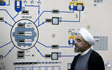 Illustrative: Iranian President Hassan Rouhani visits the Bushehr nuclear power plant just outside of Bushehr, Iran, January 13, 2015. (AP Photo/Iranian Presidency Office, Mohammad Berno, File)