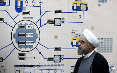 Illustrative: Iranian President Hassan Rouhani visits the Bushehr nuclear power plant just outside of Bushehr, Iran, January 13, 2015. (AP Photo/Iranian Presidency Office, Mohammad Berno, File)