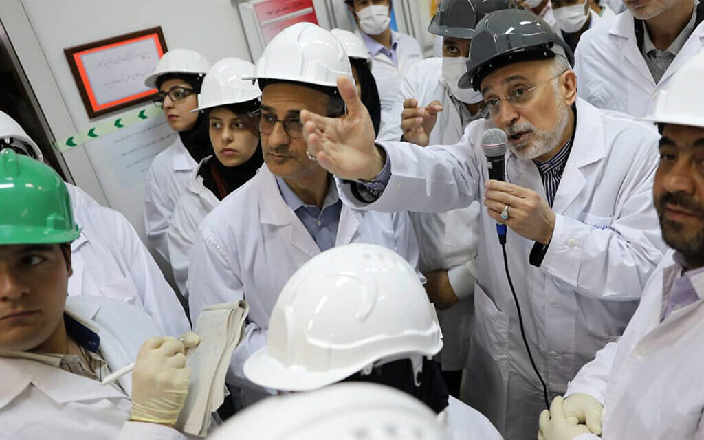 Ali Akbar Salehi, head of the Atomic Energy Organization of Iran, speaks with media while visiting the Natanz enrichment facility, in central Iran, November 4, 2019. (Atomic Energy Organization of Iran via AP, File)