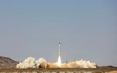 The launch of Iran's newest satellite-carrier rocket, called 'Zuljanah,' at an undisclosed location, in Iran, on February 1, 2021. (Official Website of the Iranian Defense Ministry via AP)