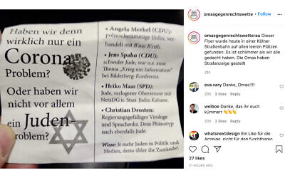 The German chapter of the Grandmothers Against The Right group posted about the flyer on Instagram. (Grandmothers Against The Right/Instagram via JTA)