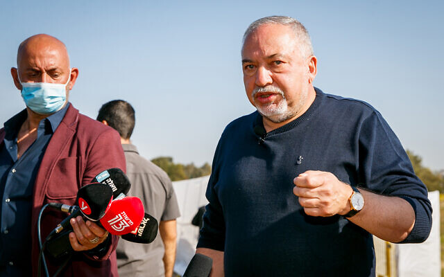 Yisrael Beytenu Chairman Avigdor Lieberman visits Ashdod after clashes broke out between police and ultra-Orthodox people over lockdown restrictions, January 12, 2021. (Flash90) Yisrael Beytenu Chairman Avigdor Lieberman visits Ashdod after clashes broke out between police and ultra-Orthodox people over lockdown restrictions, January 12, 2021. (Flash90)