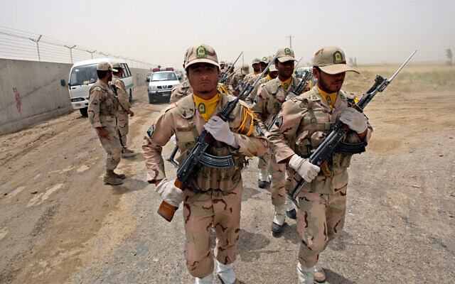 lllustrative: A group of Iranian border guards march at the eastern border of Iran shared with Pakistan and Afghanistan near Zabol, Sistan and Baluchestan Province, Iran, on July 19, 2011. (AP Photo/Vahid Salemi, File) lllustrative: A group of Iranian border guards march at the eastern border of Iran shared with Pakistan and Afghanistan near Zabol, Sistan and Baluchestan Province, Iran, on July 19, 2011. (AP Photo/Vahid Salemi, File)
