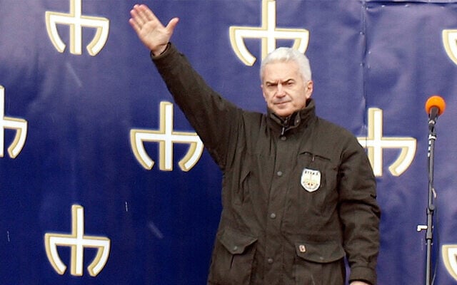 Far-right politician Volen Siderov lifts his arm at a political rally in Sofia, Bulgaria on March 11, 2011. (Wikimedia Commons via JTA) Far-right politician Volen Siderov lifts his arm at a political rally in Sofia, Bulgaria on March 11, 2011. (Wikimedia Commons via JTA)