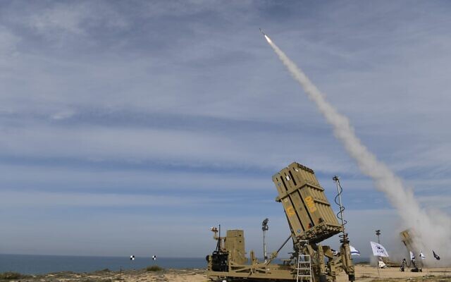 An Iron Dome missile defense system fires an interceptor at a target during an exercise in early 2021. (Defense Ministry) An Iron Dome missile defense system fires an interceptor at a target during an exercise in early 2021. (Defense Ministry)