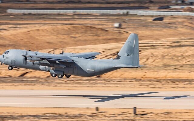 A C-130J cargo plane comes in for a landing during a surprise exercise, 'Galilee Rose,' in February 2021. (Israel Defense Forces) A C-130J cargo plane comes in for a landing during a surprise exercise, 'Galilee Rose,' in February 2021. (Israel Defense Forces)