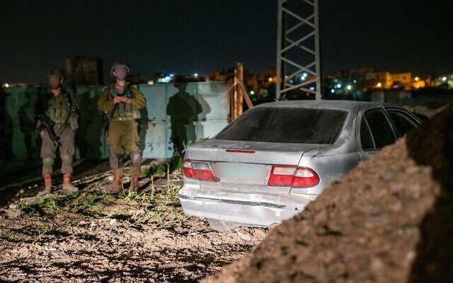 A car used in a failed shooting-ramming attack on Israeli troops on January 9, 2021. (Israel Defense Forces) A car used in a failed shooting-ramming attack on Israeli troops on January 9, 2021. (Israel Defense Forces)