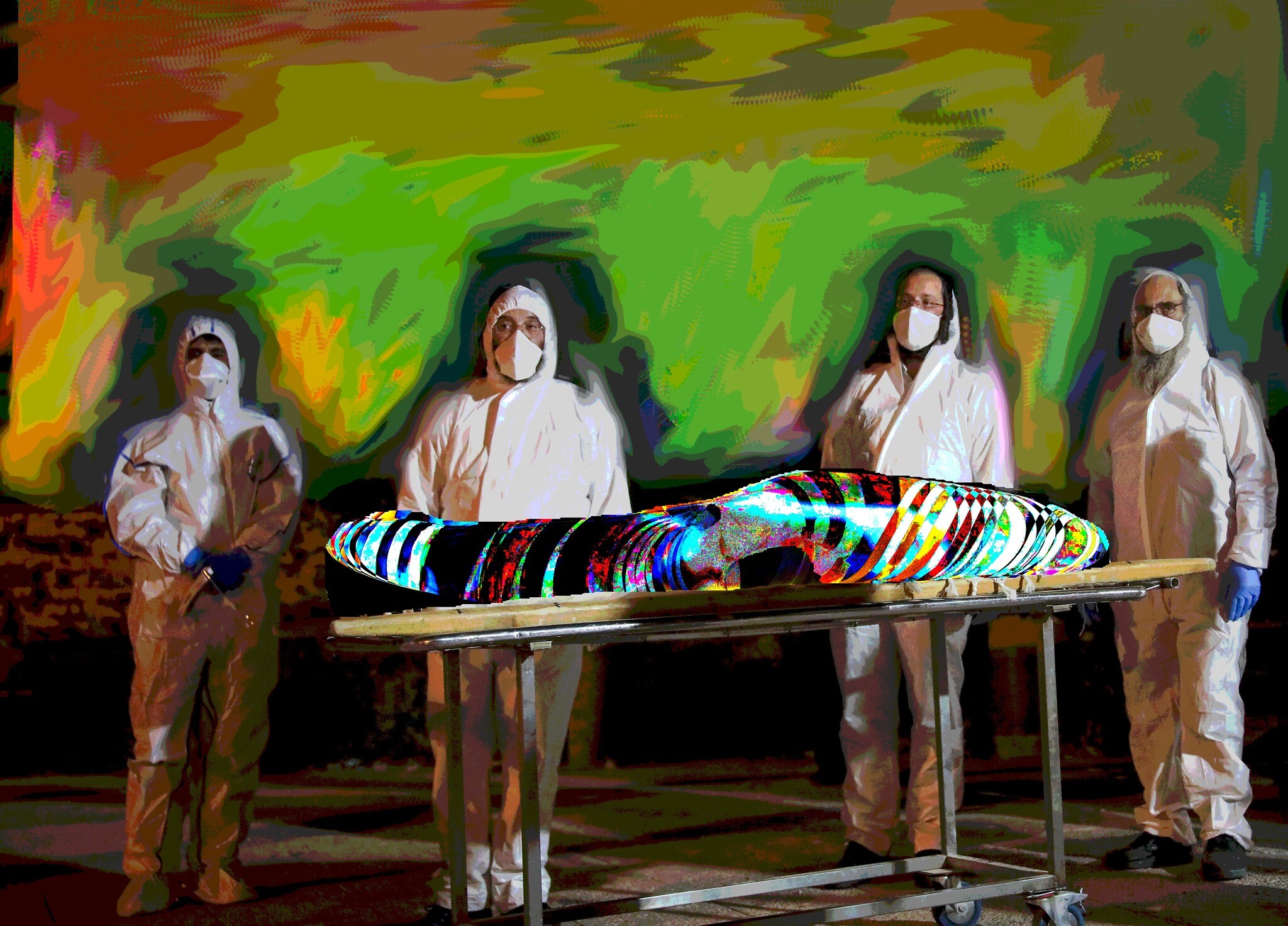 Photo illustration showing Chevra Kadisha workers preparing to carry the body of Rabbi Avraham Yeshayahu Haber who died from complications of coronavirus infection, at the Shamgar Funeral Home in Jerusalem, on April 23, 2020. (Photo by Yonatan Sindel/Flash90; Illustration by Joshua Davidovich) Photo illustration showing Chevra Kadisha workers preparing to carry the body of Rabbi Avraham Yeshayahu Haber who died from complications of coronavirus infection, at the Shamgar Funeral Home in Jerusalem, on April 23, 2020. (Photo by Yonatan Sindel/Flash90; Illustration by Joshua Davidovich)