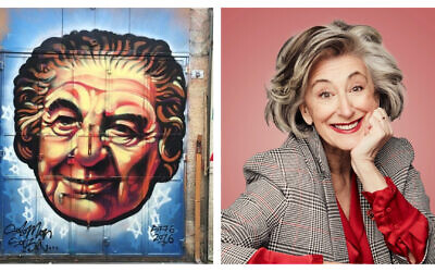 Left: a portrait of Golda Meir in Jerusalem's Mahane Yehuda market by Solomon Souza (Renee Ghert-Zand/TOI); Right: Dame Maureen Lipman (Jay Brooks)