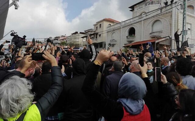 Illustrative: People protest against rising violence in Arab communities, in Umm al-Fahm, February 5, 2021 (courtesy/ Kumi Yisrael) Illustrative: People protest against rising violence in Arab communities, in Umm al-Fahm, February 5, 2021 (courtesy/ Kumi Yisrael)