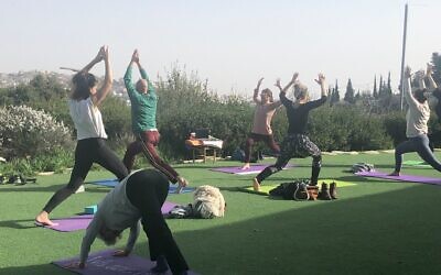 Yoga practice with Yoga Synagogue Ah!, a new community founded by Laura Gilinski (center, mauve shirt) during the coronavirus pandemic (Jessica Steinberg/Times of Israel)
