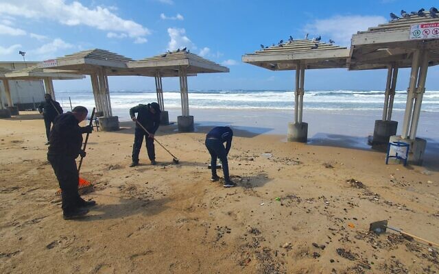 Workers clean up chunks of tar that washed up on Dado Beach in Haifa, March 12, 2021. (Fred Arzoine/Environmental Protection Ministry) Workers clean up chunks of tar that washed up on Dado Beach in Haifa, March 12, 2021. (Fred Arzoine/Environmental Protection Ministry)