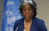 US ambassador to the United Nations Linda Thomas-Greenfield at UN Headquarters in New York, on March 1, 2021. (Timothy A. Clary/AFP)