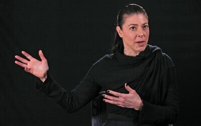 Leader of the Labor Party Merav Michaeli speaks during a photo session at the party's headquarters in Tel Aviv on March 1, 2021 (EMMANUEL DUNAND / AFP)