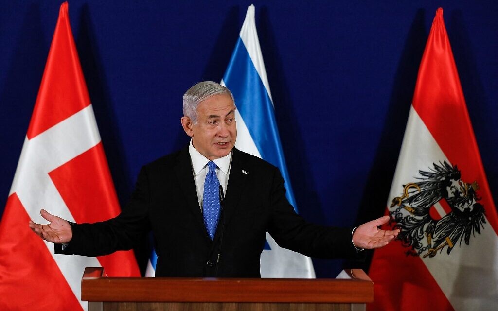 Prime Minister Benjamin Netanyahu at the Prime Minister's Office in Jerusalem, March 4, 2021. (Olivier Fitoussi/POOL/AFP)