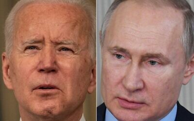 This combination of pictures created on March 17, 2021, shows US President Joe Biden (L) and Russian President Vladimir Putin. (Eric Baradat and Alexey Nikolsky/Various Sources/AFP)