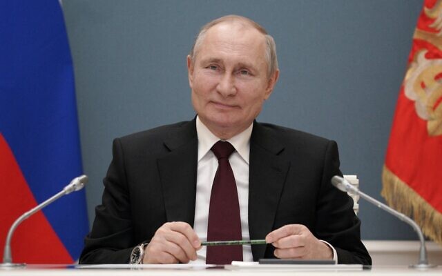 Russian President Vladimir Putin participates via video link in a ceremony launching a gold processing facility in Kyrgyzstan, in Moscow on March 17, 2021. (Alexei Druzhinin/Sputnik/AFP) Russian President Vladimir Putin participates via video link in a ceremony launching a gold processing facility in Kyrgyzstan, in Moscow on March 17, 2021. (Alexei Druzhinin/Sputnik/AFP)