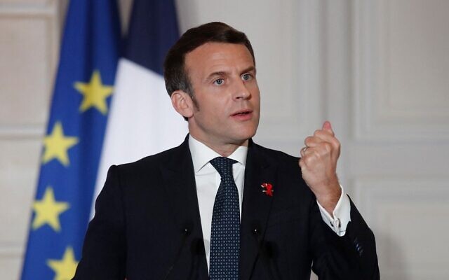 French President Emmanuel Macron delivers a press conference at The Elysee Presidential Palace in Paris, on March 25, 2021. (Benoit Tessier/Pool/ AFP) French President Emmanuel Macron delivers a press conference at The Elysee Presidential Palace in Paris, on March 25, 2021. (Benoit Tessier/Pool/ AFP)