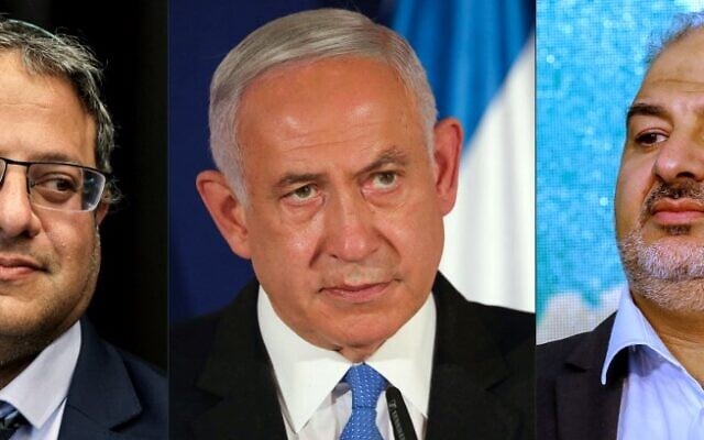 (COMBO) This combination of pictures created on March 26, 2021, shows (R to L) Itamar Ben Gvir, head of the Israeli Jewish Power (Otzma Yehudit) party party, on March 15, 2021, Israeli Prime Minister Benjamin Netanyahu, on March 11, 2021 and Mansour Abbas, head of a conservative Islamic party Raam, on March 23, 2021. - Netanyahu this week has a unique challenge in Israeli history: rallying the far right and the Islamists in the same government. (Photos by various sources / AFP) (COMBO) This combination of pictures created on March 26, 2021, shows (R to L) Itamar Ben Gvir, head of the Israeli Jewish Power (Otzma Yehudit) party party, on March 15, 2021, Israeli Prime Minister Benjamin Netanyahu, on March 11, 2021 and Mansour Abbas, head of a conservative Islamic party Raam, on March 23, 2021. - Netanyahu this week has a unique challenge in Israeli history: rallying the far right and the Islamists in the same government. (Photos by various sources / AFP)