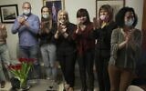 A theatrical event held at Prof. Idit Matot's home, as the worst of the COVID-19 pandemic appeared close to ending in Israel, March 2021. Matot is at far right. (Screenshot: Channel 12)