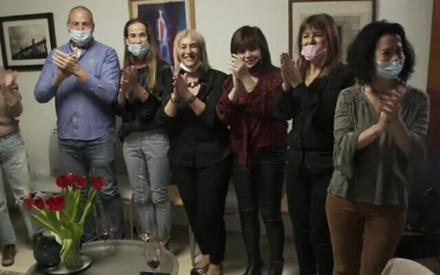 A theatrical event held at Prof. Idit Matot's home, as the worst of the COVID-19 pandemic appeared close to ending in Israel, March 2021. Matot is at far right. (Screenshot: Channel 12) A theatrical event held at Prof. Idit Matot's home, as the worst of the COVID-19 pandemic appeared close to ending in Israel, March 2021. Matot is at far right. (Screenshot: Channel 12)