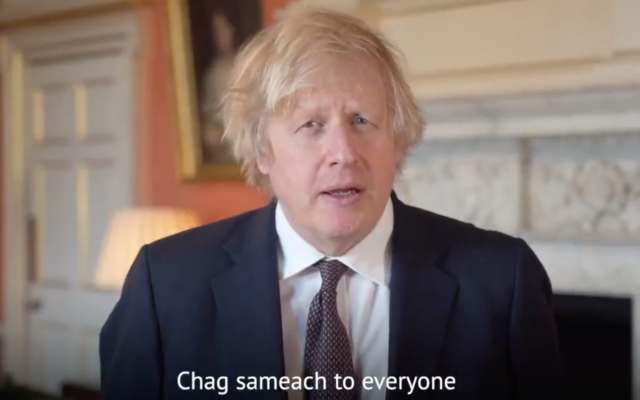 British Prime Minister Boris Johnson wished Jewish Britons a Happy Passover in a video message on Friday. (Screenshot: Twitter) British Prime Minister Boris Johnson wished Jewish Britons a Happy Passover in a video message on Friday. (Screenshot: Twitter)