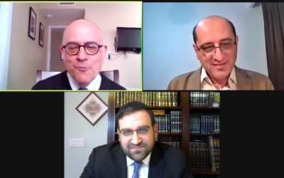 Arash Abaie, top right, a leader of the Tehran Jewish community, is interviewed via Zoom by Rabbi Jacob J. Schacter, a professor of Jewish history at Yeshiva University, top left, Feb. 28, 2021. Rabbi Yaakov Glasser, dean of the university's Center for the Jewish Future, which sponsored the program, is below. (Screen capture/JTA)