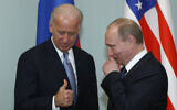 Vice President of the United States Joe Biden, left, geatures as he meets Russian Prime Minister Vladimir Putin in Moscow,  Russia, Thursday, March 10, 2011.The talks in Moscow are expected to focus on missile defense cooperation and Russia's efforts to join the World Trade Organization. (AP Photo/Alexander Zemlianichenko)