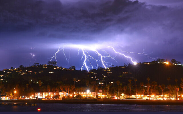 This time exposure photo provided by the Santa Barbara County Fire Department shows a series of lightning strikes over Santa Barbara, Calif., seen from Stearns Wharf in the city's harbor, Tuesday evening, March 5, 2019. A(Mike Eliason/Santa Barbara County Fire Department via AP) This time exposure photo provided by the Santa Barbara County Fire Department shows a series of lightning strikes over Santa Barbara, Calif., seen from Stearns Wharf in the city's harbor, Tuesday evening, March 5, 2019. A(Mike Eliason/Santa Barbara County Fire Department via AP)